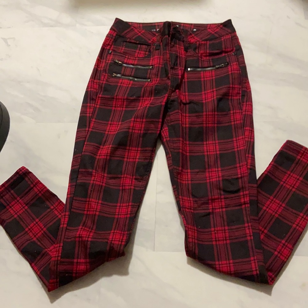 plaid zipper skinny jeans